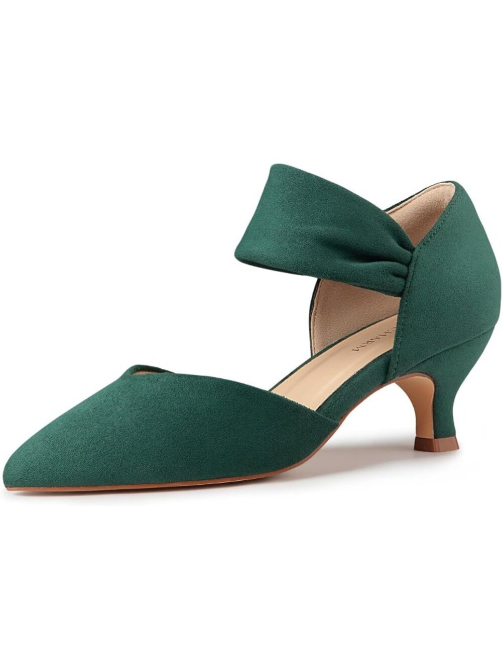 〽️Women Green Suede Kitten Heels Closed Toe Ankle Strap Low Pumps Slip On Shoes
